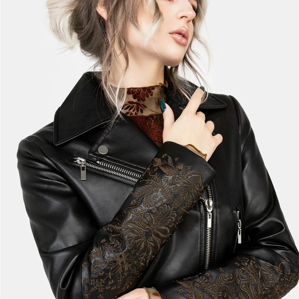 Black Leather Jacket with Embroidery